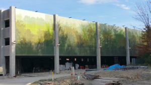 Full view of textile facade cladding at Crocker Park parking garage.