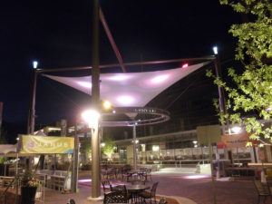 Fillmore Plaza at night.
